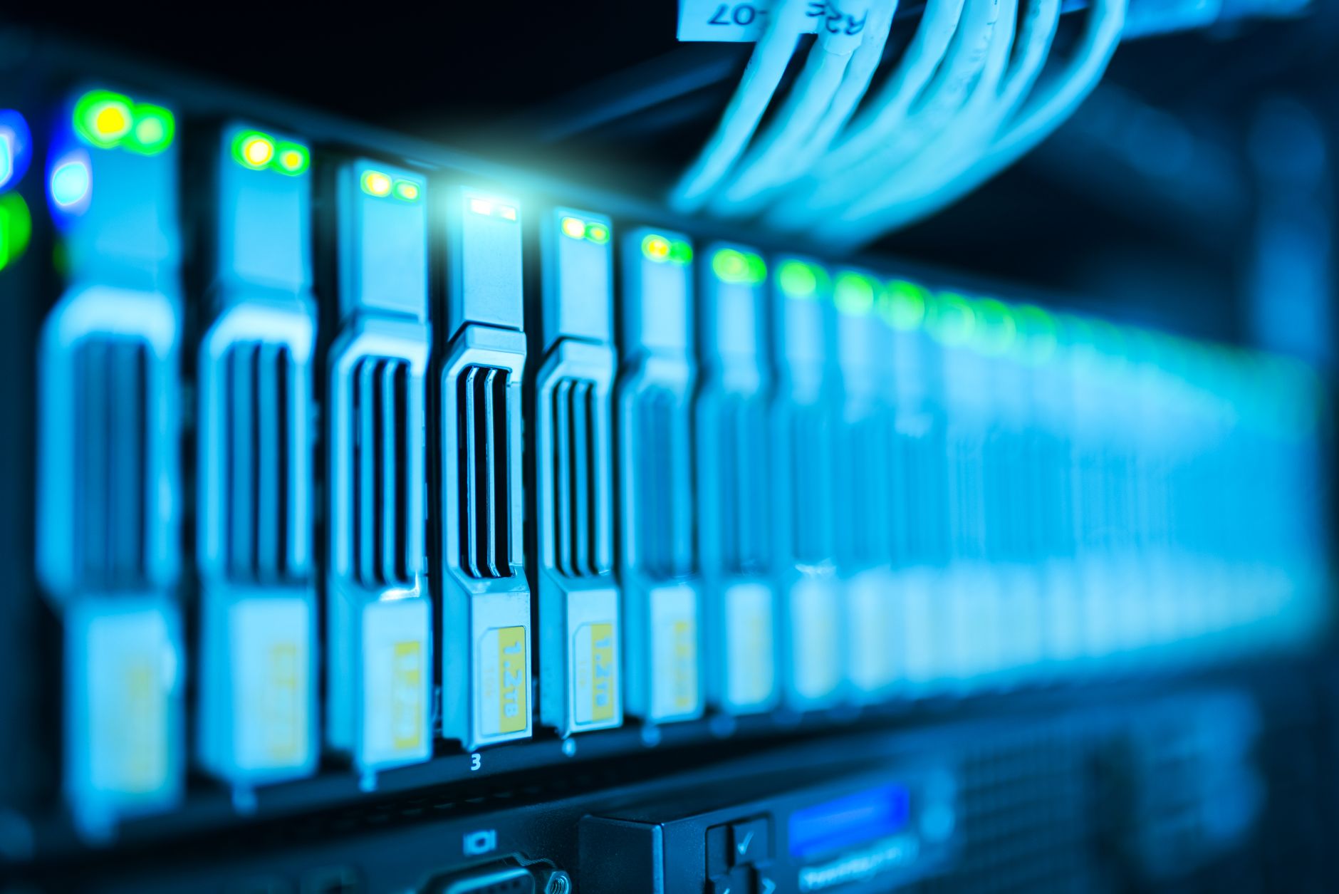 Modern data center corridor with server lights