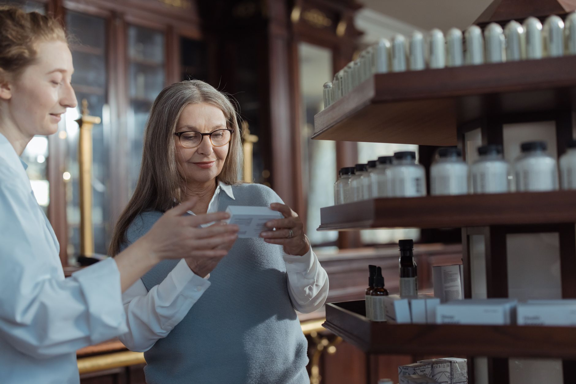 Modern pharmacy interior with well-organised health products