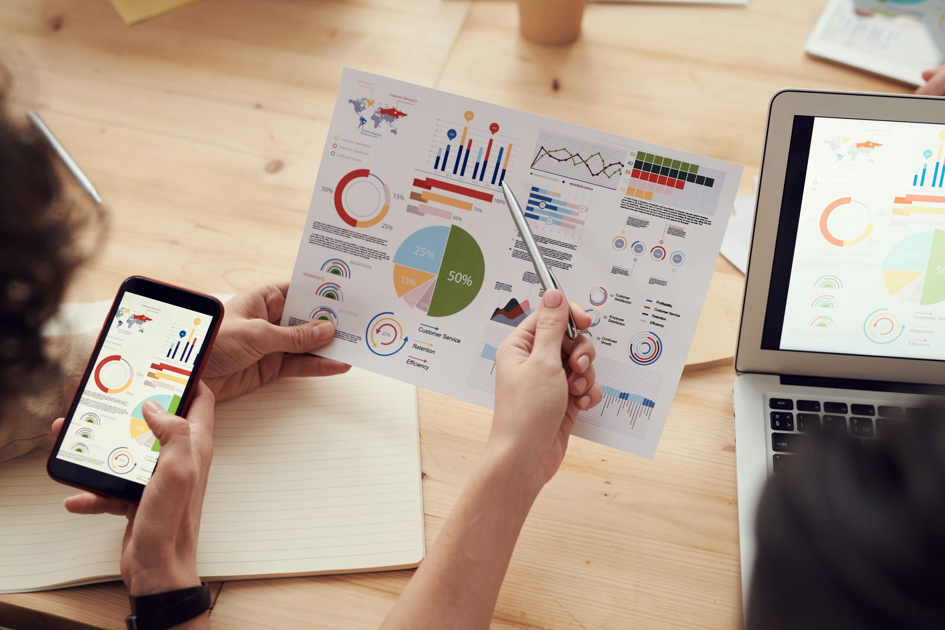 Team di marketing che analizza grafici di dati in ufficio